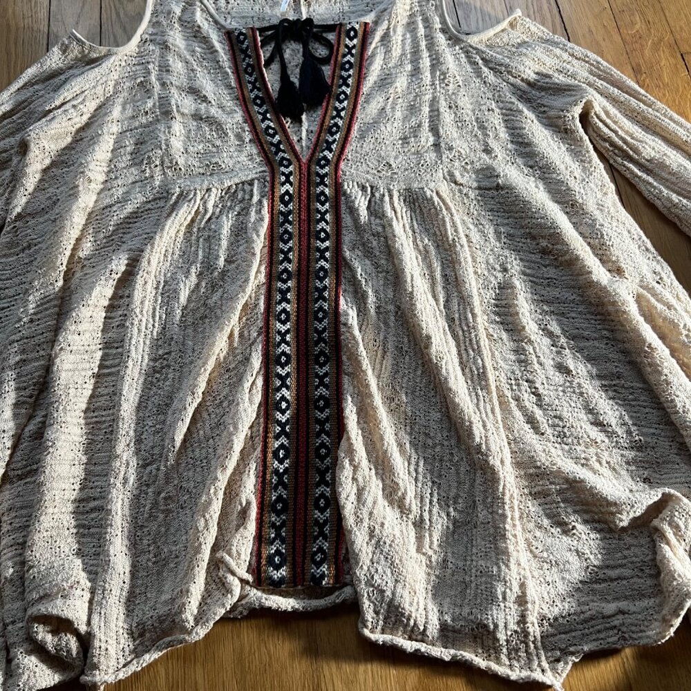 Free People Size S Beige For The Love of Flowers Boho Cold Shoulder Tunic Top - Picture 15 of 16